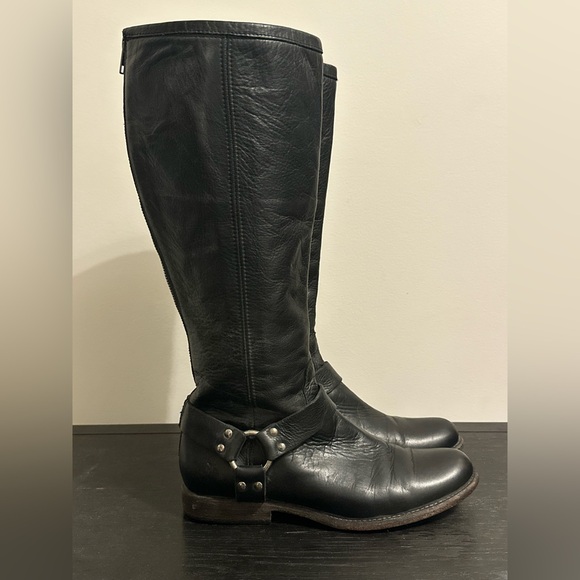 FRYE Phillip Harness Made In Mexico Black Rear Zip Leather Riding Boots 9.5 B20